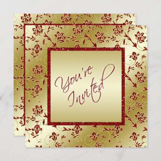 金ゴールドおよび赤くフェイクなグリッターの結婚式招待状 招待状 (正面/裏面)