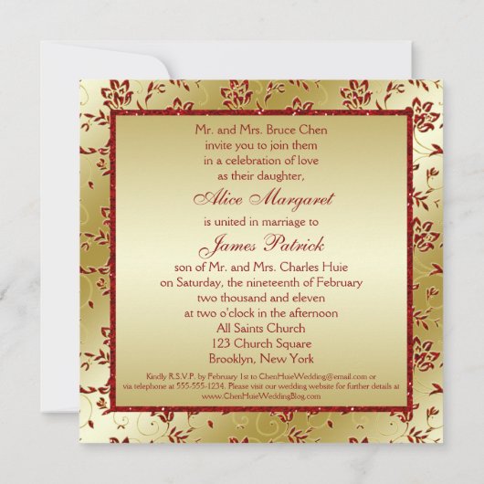 金ゴールドおよび赤くフェイクなグリッターの結婚式招待状 招待状 (裏面)