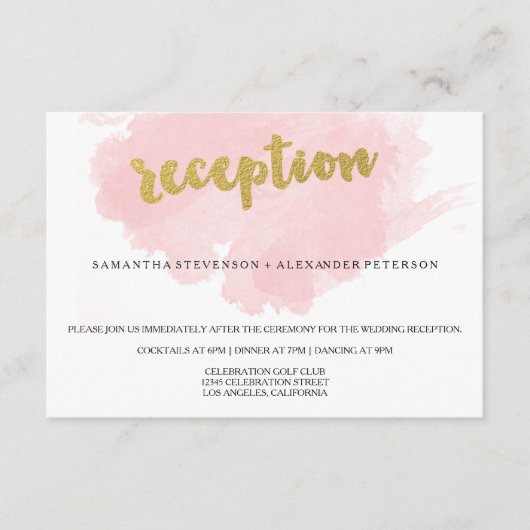 金ゴールドおよび赤面の水彩画の結婚披露宴 エンクロージャーカード (正面)