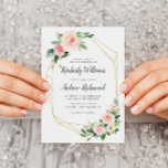 金ゴールドおよび赤面フローラ幾何結婚の 招待状<br><div class="desc">水色赤面花モダン金ゴールドフローラ枠。このテンプレートの文言、文字サイズ、色、フォントを変更できる。</div>