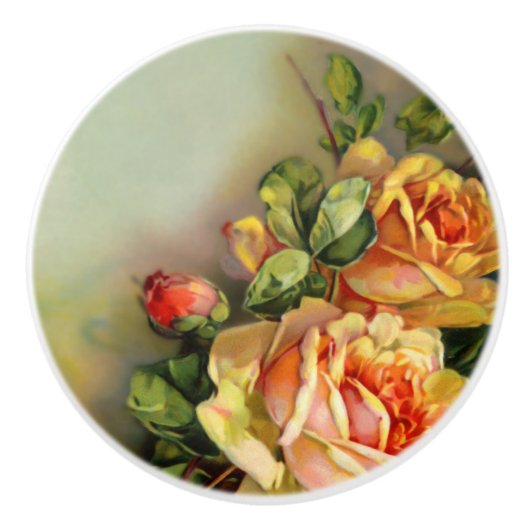 金ゴールドおよび赤面ヴィンテージバラ セラミックノブ (正面)