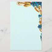 金ゴールドおよび金属の青い孔雀の羽のボーダー 便箋 (正面)