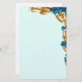 金ゴールドおよび金属の青い孔雀の羽のボーダー 便箋 (正面/裏面)
