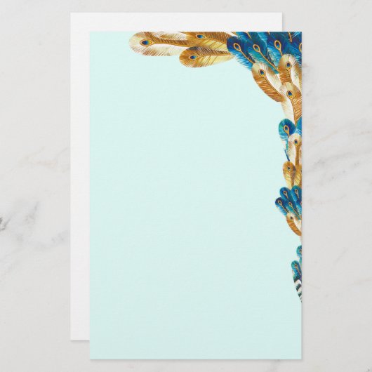 金ゴールドおよび金属の青い孔雀の羽のボーダー 便箋 (正面/裏面)