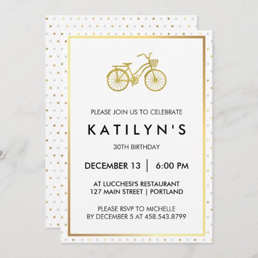 金ゴールドおよび銀の水玉模様が付いているシックな金ゴールドの自転車 招待状 (正面/裏面)