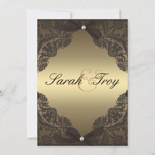 金ゴールドおよび黒いレースの結婚式招待状 招待状 (裏面)