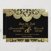 金ゴールドおよび黒いレースは日付の招待状を救います セーブザデート (正面/裏面)