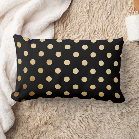 金ゴールドおよび黒い水玉模様の枕 ランバークッション (ブランケット)