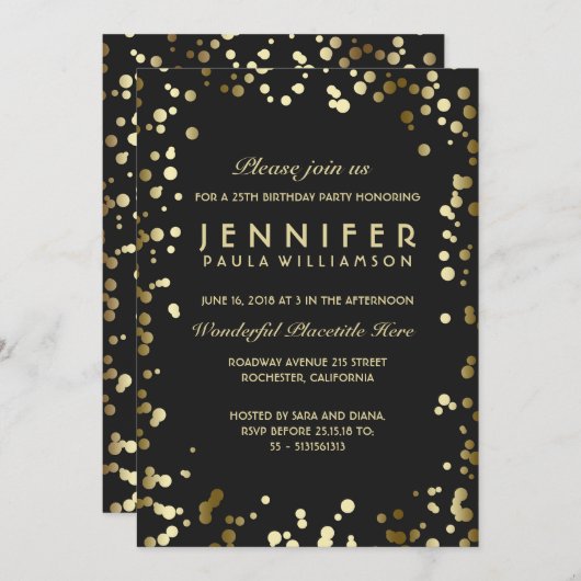 金ゴールドおよび黒い紙吹雪のヴィンテージの誕生会 招待状 (正面/裏面)