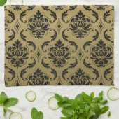 金ゴールドおよび黒くクラシックなダマスク織 キッチンタオル (折り畳み)