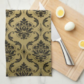 金ゴールドおよび黒くクラシックなダマスク織 キッチンタオル (四つ折り)