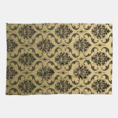 金ゴールドおよび黒くクラシックなダマスク織 キッチンタオル (横)