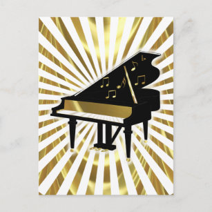 金ゴールドおよび黒のグランドピアノ音楽ノート ポストカード
