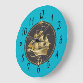 金ゴールドおよび黒の帆船 ラージ壁時計 (傾斜)