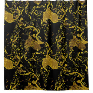 金ゴールドおよび黒の装飾的なパターン シャワーカーテン