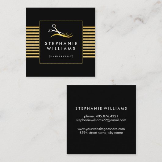 金ゴールドおよび黒髪のサロンの名刺のテンプレート スクエア名刺 (正面/裏面)