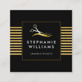 金ゴールドおよび黒髪のサロンの名刺のテンプレート スクエア名刺 (正面)