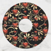 金ゴールドおよび黒3 D赤いハート ワイングラスタグ (正面)