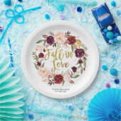 金ゴールドおよびMarsalaの赤い花柄は恋に落ちます ペーパープレート (パーティー)