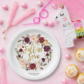 金ゴールドおよびMarsalaの赤い花柄は恋に落ちます ペーパープレート (パーティー)