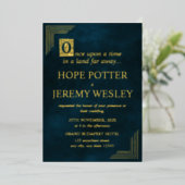 金ゴールドお洒落エメラルドストーリーブックフェアリー物語城 箔招待状 (立ち正面)