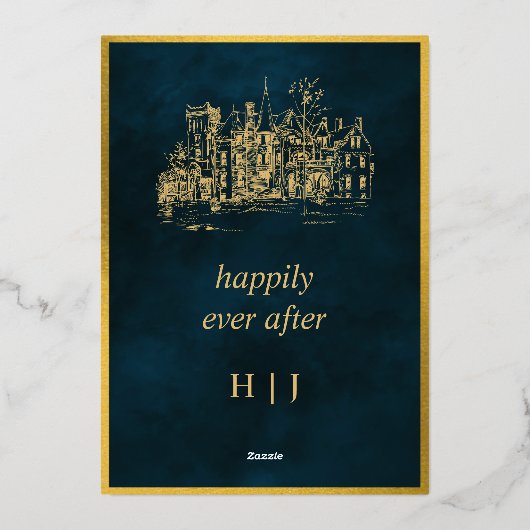 金ゴールドお洒落エメラルドストーリーブックフェアリー物語城 箔招待状 (裏面)