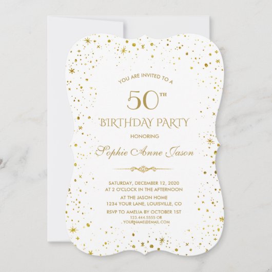 金ゴールドお洒落スターリーナイト50誕生日 招待状 (正面)
