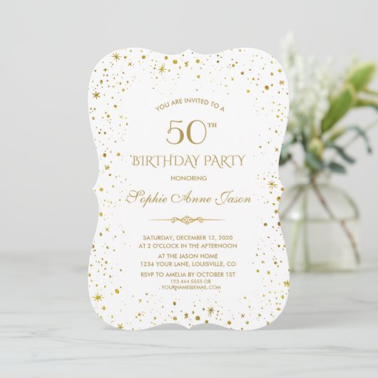 金ゴールドお洒落スターリーナイト50誕生日 招待状 (スタンド正面)