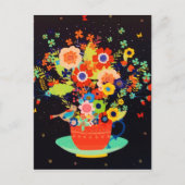 金ゴールドお洒落ティーカップフローラバードグリッター シーズンポストカード (正面)