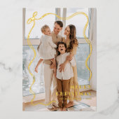 金ゴールドお洒落リボン家族の写真メリークリスマス 箔シーズンカード (正面)