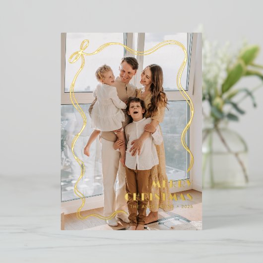 金ゴールドお洒落リボン家族の写真メリークリスマス 箔シーズンカード (立ち正面)