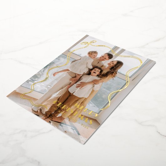 金ゴールドお洒落リボン家族の写真メリークリスマス 箔シーズンカード (回転した状態)