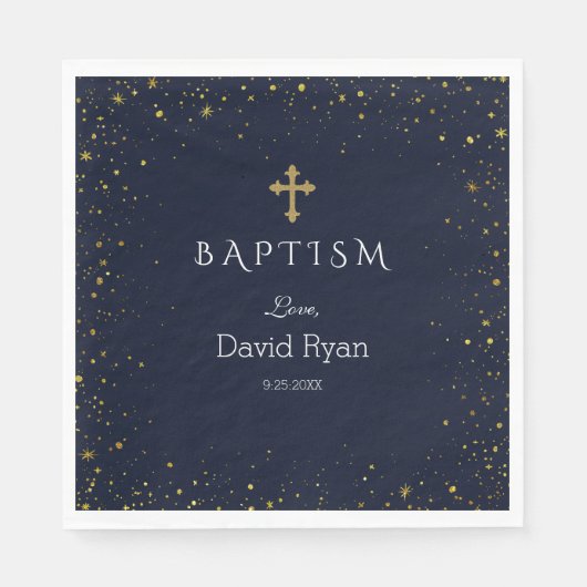 金ゴールドお洒落星の夜の男の子バプテスマ スタンダードランチョンナプキン (正面)