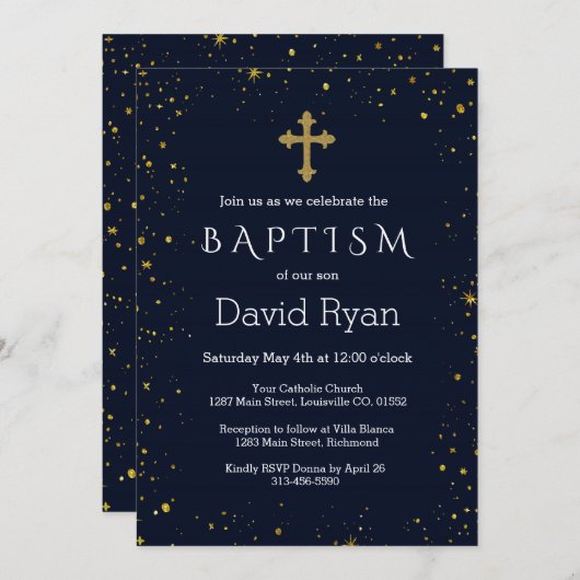 金ゴールドお洒落星の夜の男の子バプテスマ 招待状 (正面/裏面)