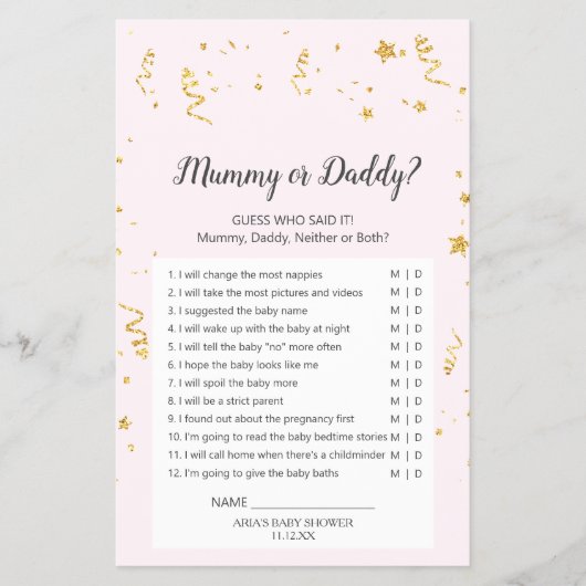 金ゴールドお祝いオンピンクママまたはダディーゲーム チラシ (正面)