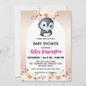 金ゴールドかわいいペンギンさくらんぼは赤ちゃんシャワーの子供を咲かせる 招待状 (正面)