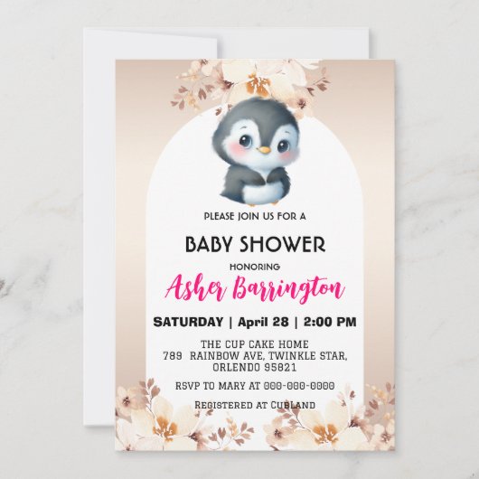 金ゴールドかわいいペンギンさくらんぼは赤ちゃんシャワーの子供を咲かせる 招待状 (正面)