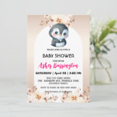 金ゴールドかわいいペンギンさくらんぼは赤ちゃんシャワーの子供を咲かせる 招待状 (スタンド正面)