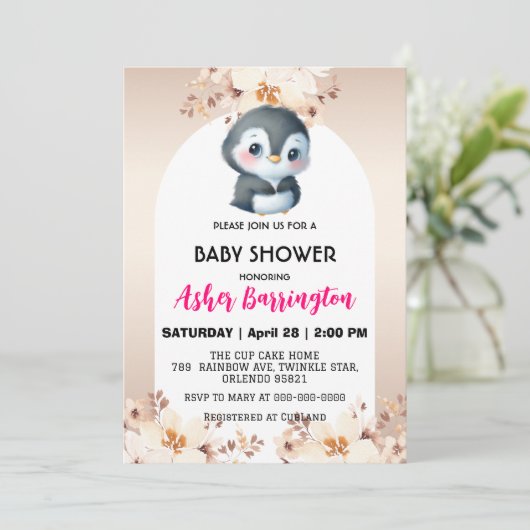 金ゴールドかわいいペンギンさくらんぼは赤ちゃんシャワーの子供を咲かせる 招待状 (スタンド正面)
