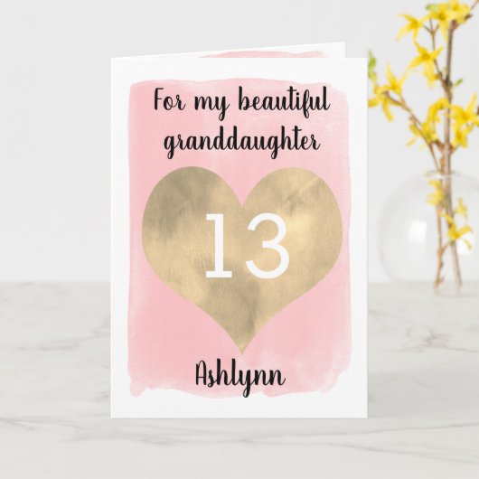 金ゴールドかわいらしとピンク13誕生日孫娘 カード (黄色い花)