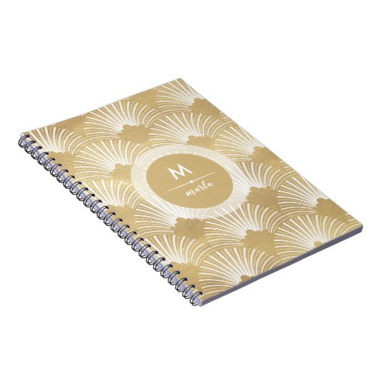 金ゴールドかわいらしと白のアートデコ模様 ノートブック (右側)