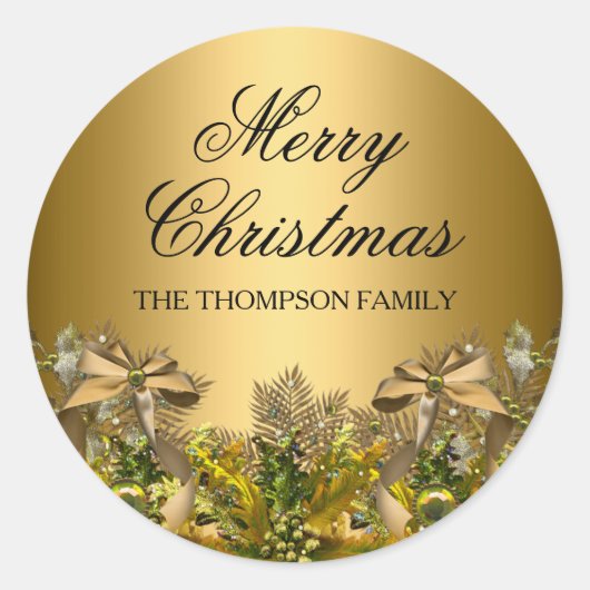 金ゴールドかわいらしの葉と弓クリスマスステッカー ラウンドシール (正面)