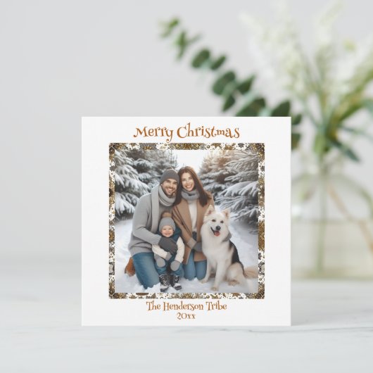 金ゴールドかわいらしの雪片ファミリー写真クリスマス シーズンカード (スタンド正面)
