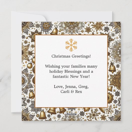 金ゴールドかわいらしの雪片ファミリー写真クリスマス シーズンカード (裏面)