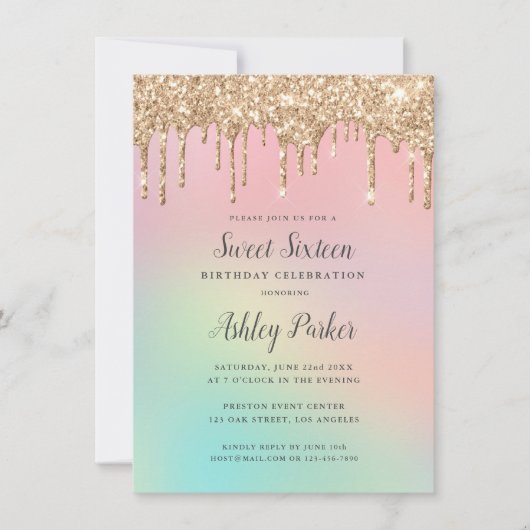 金ゴールドかわいらしグリッターグラディエント甘い16誕生日 招待状 (正面)