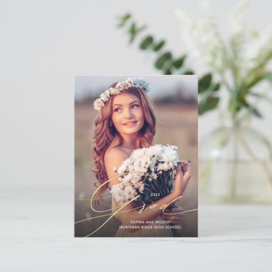 金ゴールドかわいらしスクリプトオーバーレイ1 – フォト卒業 ポストカード (スタンド正面)