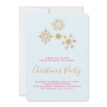 金ゴールドかわいらしスノーフレークスオンブルーフェスティバル招待状