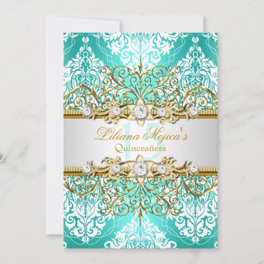 金ゴールドかわいらしティール(緑がかった色)ヴィンテージグラマーキンセアニェラ 招待状 (正面)