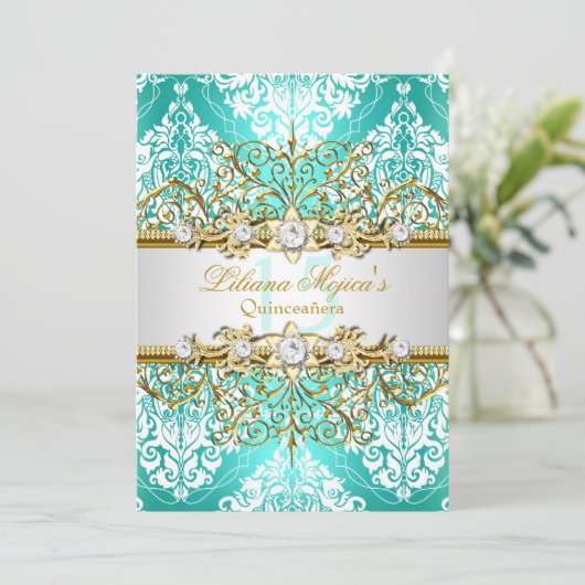 金ゴールドかわいらしティール（緑がかった色）ヴィンテージグラマーキンセアニェラ 招待状 (スタンド正面)