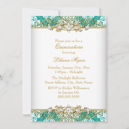 金ゴールドかわいらしティール（緑がかった色）ヴィンテージグラマーキンセアニェラ 招待状 (裏面)